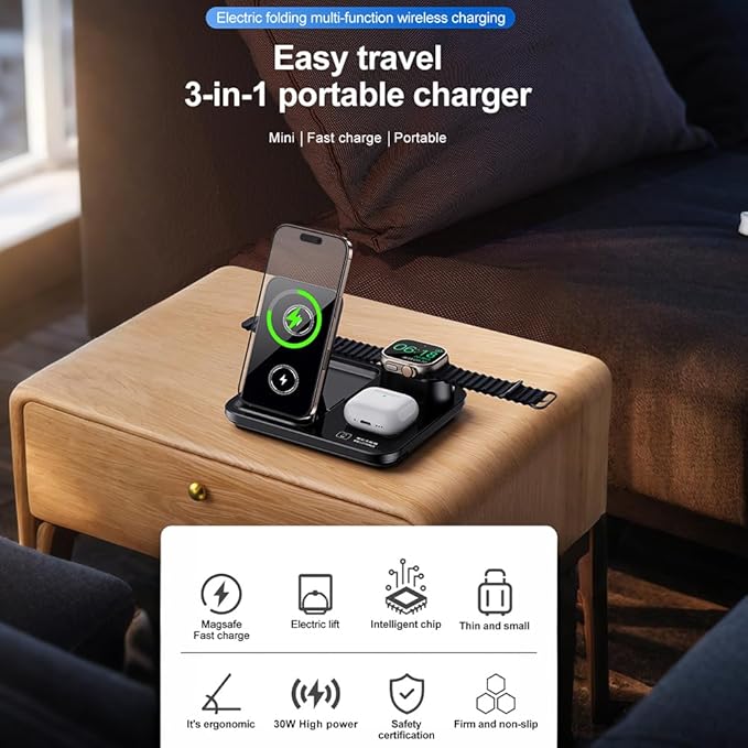 IHAO 3in1 Auto-Rising Wireless Charging Station 15W Fast Charge Ultra-Slim Foldable Design Wireless Charger for Phone Watch Earbud QC3.0 &amp PD Compatible
