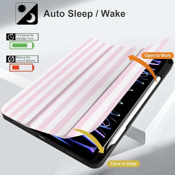 DONGKE Case for iPad Pro 12.9 inch 6th Generation 2022 Built-in Pencil Holder + Trifold Stand + Auto Wake/Sleep + Protective Cover for iPad Pro 12.9 5th/4th/3rd Gen- Pink Stripes