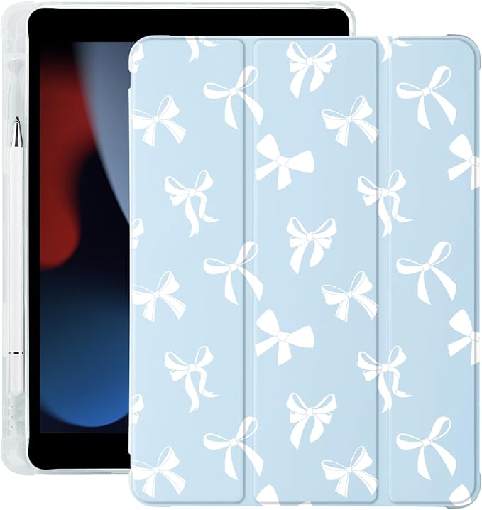 Cute Kawaii Bow for iPad mini 7 A17 Pro 2024/iPad Mini 6 Case with Pencil Holder Auto Sleep/Wake Blue Leather Soft TPU Back Cover