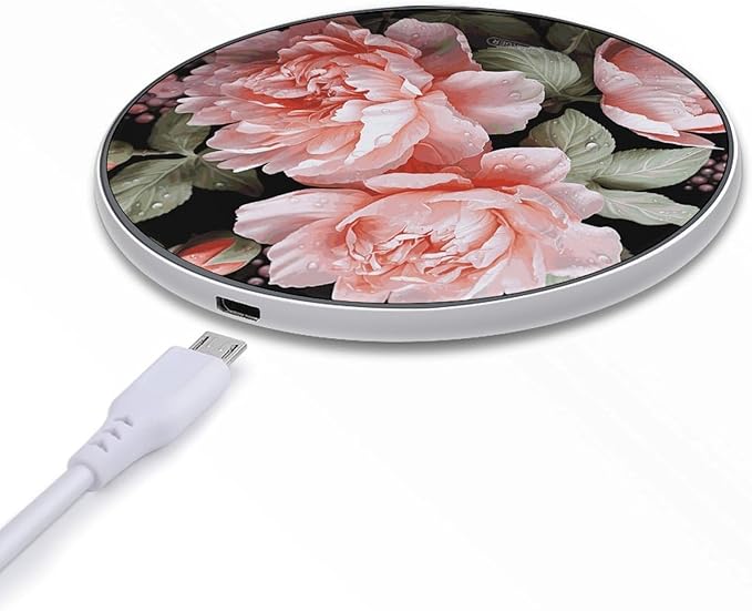Peony Flowers Rose Wireless Charger Fast Wireless Charging Pad with USB Cable 10W Anti-Slip Magnetic Wireless Charger Portable Slim Charger Puck Travel Charging Station