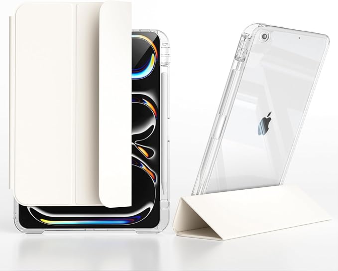 Case for iPad 9th/8th/7th Generation 2021/2020/2019 (10.2 inch) Case with Pencil Holder Slide Detachable Magnetic Trifold Stand Shockproof Slim Cute Clear Back Protective Cover (Cream)