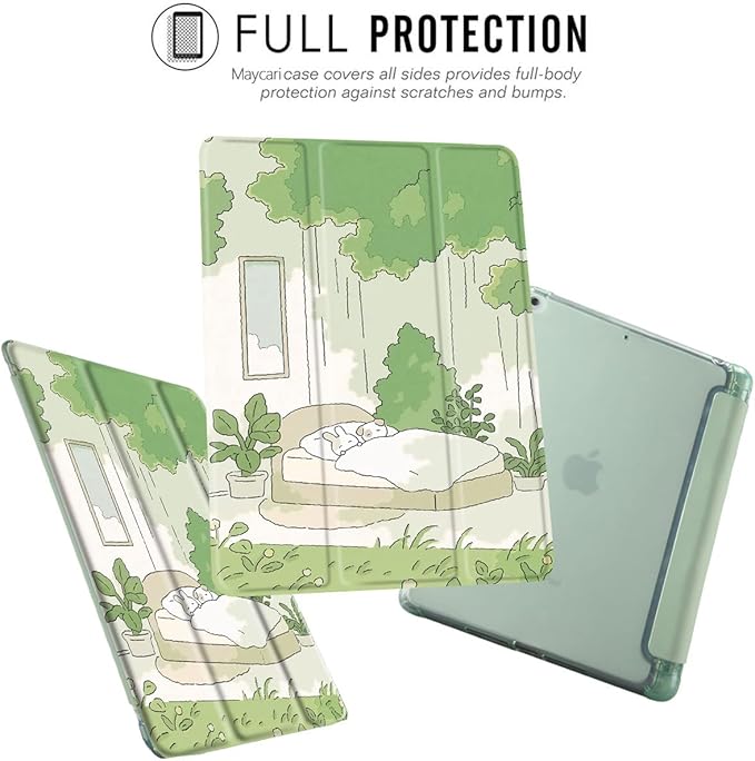 MAYCARI Cartoon Rabbit Dog Case for iPad 10.2 inch 2021/2020/2019 with Pencil Holder Cute for iPad 9th/8th/7th Generation Protective Case with Soft TPU Green Auto Sleep/Wake Cover Slim Shell