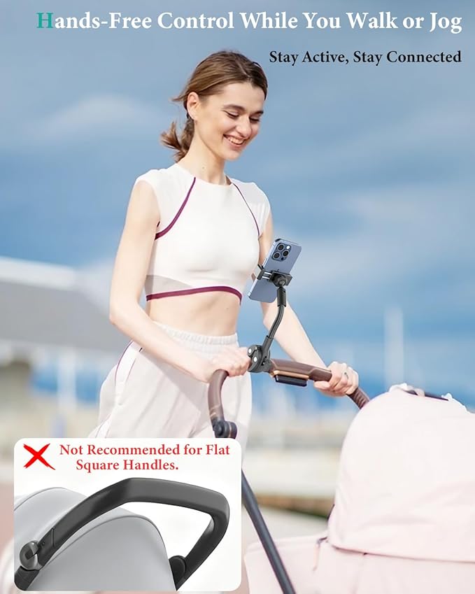 Stroller Phone Holder Gooseneck Cell Phone Mount for Baby Stroller Shopping Cart Bicycle Pilates Reformer Handlebar Clamp Mount for iPhone 16 Pro Max/14/13/12 Galaxy S24 4–7 Smartphone