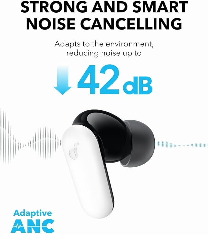 Soundcore P30i by Anker Noise Cancelling Earbuds Strong and Smart Noise Cancelling Powerful Bass 45H Playtime 2-in-1 Case and Phone Stand IP54 Wireless Earbuds Bluetooth 5.4 (White)