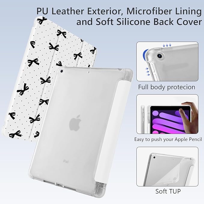 Cute Black Polka Dot Bow for iPad mini 7 A17 Pro 2024/iPad Mini 6 Case with Pencil Holder Auto Sleep/Wake White Leather Soft TPU Back Cover
