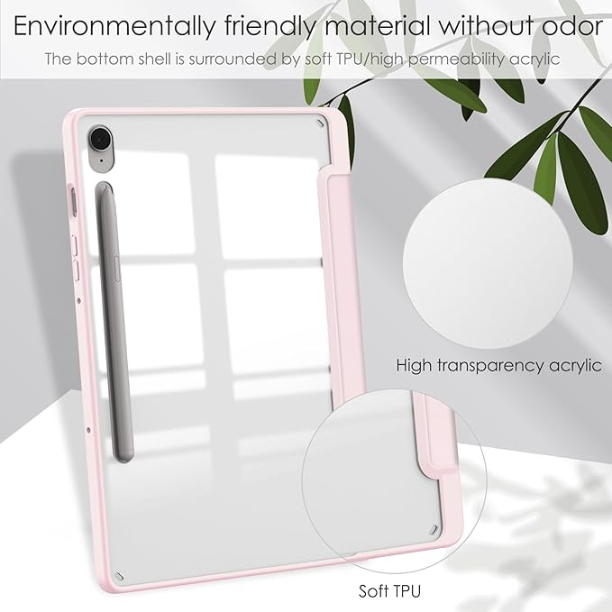for Samsung Galaxy Tab S10 Lite/ S10 FE/ S9 FE 10.9 Inch Tri-Fold Smart Tablet Case with Pen Holder Shockproof Protective Cover W Transparent Back Shell Auto Wake/SleepPink