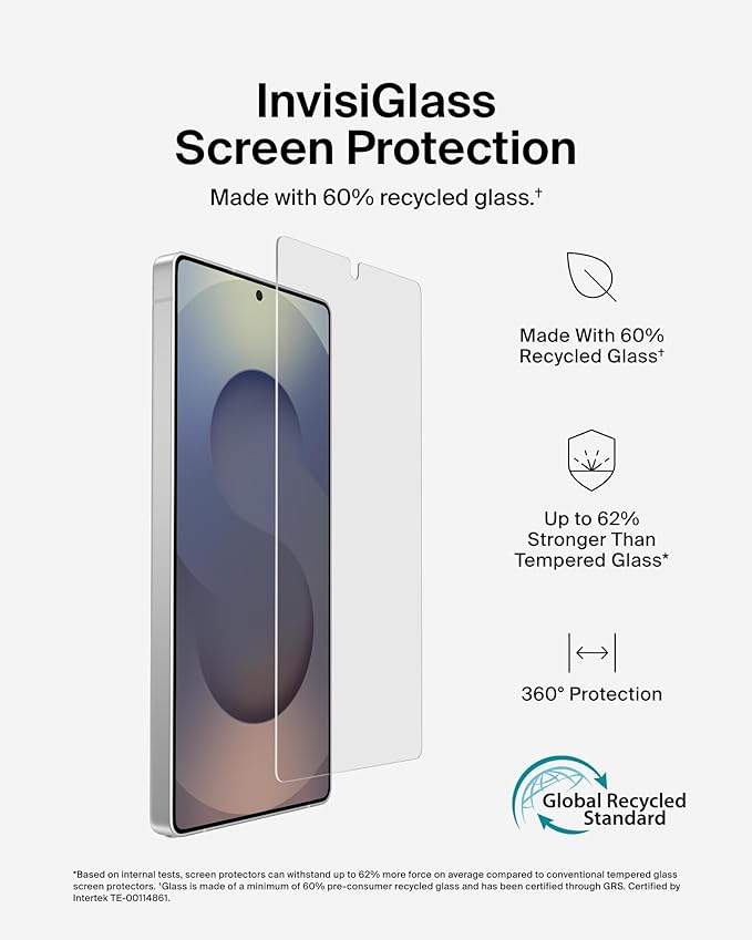 Belkin ScreenForce InvisiGlass Treated Screen Protector for Samsung Galaxy S25 Ultra 9H Hardness Scratch-Resistant Impact Protection w/Align Tray for Easy Application - Made with Recycled Glass