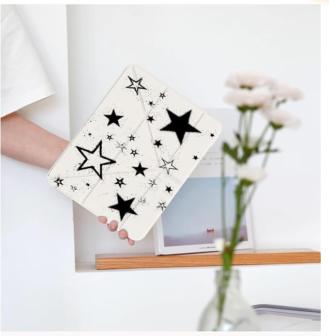 Cute Y2K Black Star for iPad Pro 11 Inch Case (M5/M4) 2025/2024 with Pencil Holder Auto Sleep/Wake White Leather Acrylic Back Detachable Cover