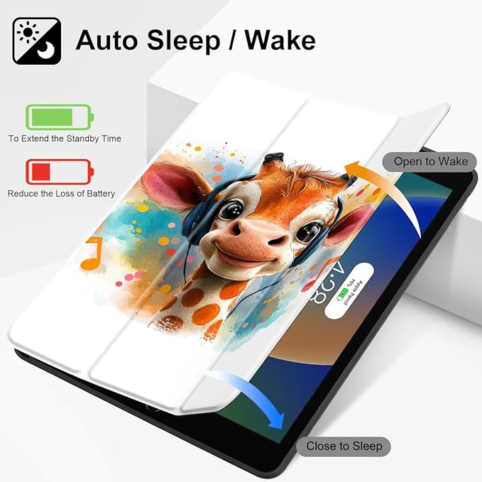 Mektron Designed Printed iPad 10.2 Case 9th Gen (2021)/ 8th Gen (2020)/ 7th Gen (2019) with Pencil Holder Slim Protective Case with Soft TPU Back Auto Wake/Sleep for iPad 10.2 Inch Cute Giraffe