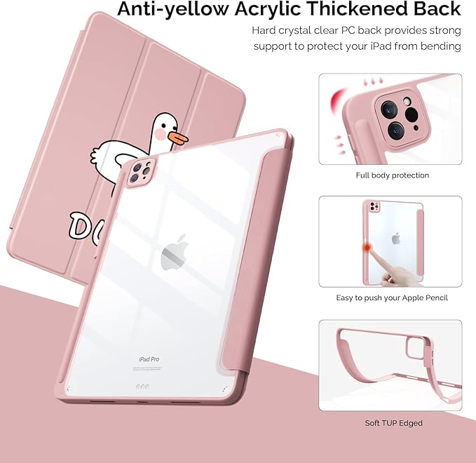 Cute Kawaii Duck for iPad Mini 6 Case with Pencil Holder Foldable Pink Leather Cover Case Support Auto Sleep Wake