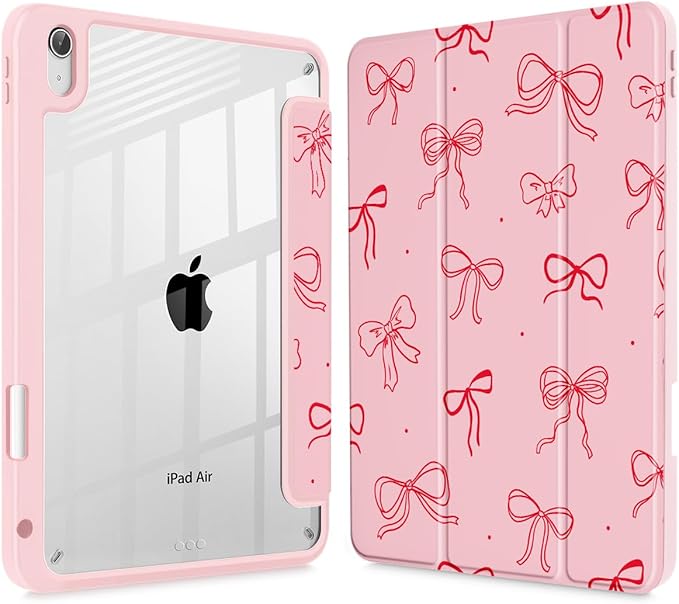 Case for iPad Air 11'' (M4 2026/M3 2025/M2 2024)/ iPad Air 10.9'' Air 5th /4th Gen Shockproof Cover with Clear Back Shell &amp Penceil Holder Auto Wake/Sleep Stand Cover Pink Bows