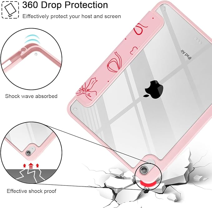 Case for iPad Air 11'' (M4 2026/M3 2025/M2 2024)/ iPad Air 10.9'' Air 5th /4th Gen Shockproof Cover with Clear Back Shell &amp Penceil Holder Auto Wake/Sleep Stand Cover Pink Bows