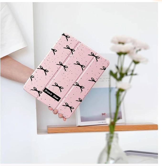 Cute Black Bow for iPad Air 13 Inch Case M3 2025/M2 2024 with Pencil Holder Auto Sleep/Wake Pink Leather Clear Acrylic Back Cover