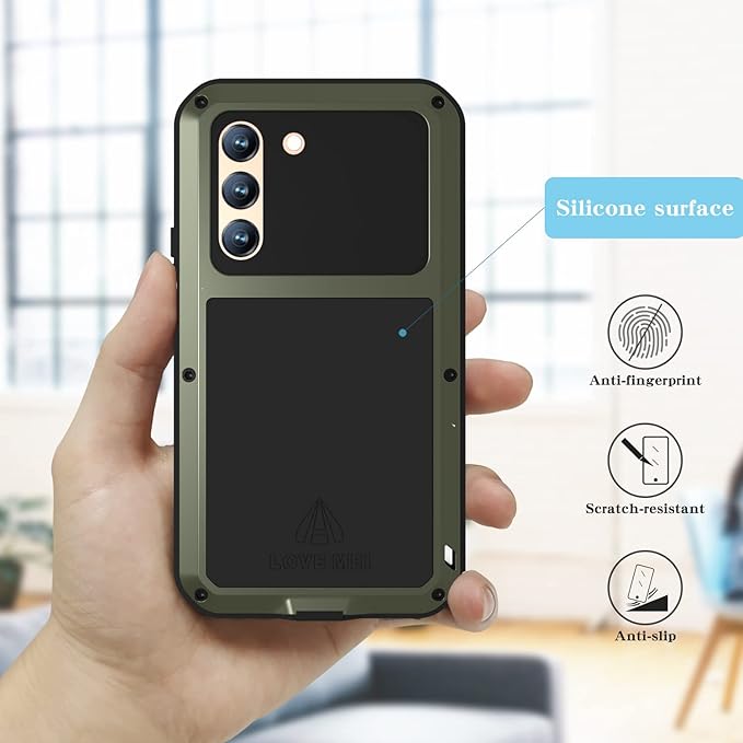 LOVE MEI Military Rugged Case for Samsung Galaxy S22 with Tempered Glass Screen Protector Shockproof Dustproof Scratch Proof Hybrid Metal and Silicone Gel Heavy Duty Full Body Cover Green