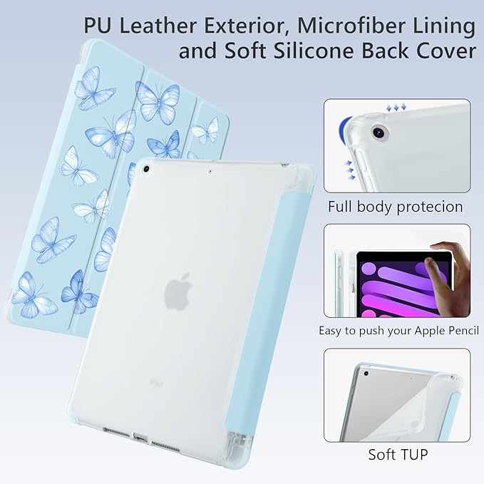 Cute Y2K Blue Butterfly for iPad Air 13 Inch Case M3 2025/M2 2024 with Pencil Holder Auto Sleep/Wake Blue Leather Soft TPU Back Cover