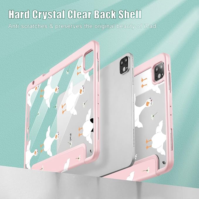 May Chen for iPad Pro 11 inch M2 4th Generation 2022 iPad Pro 11 3rd/2nd/1st Gen Built-in Pencil Holder with Shockproof Cover Clear Transparent Back Shell Auto Wake/Sleep Goose Flower
