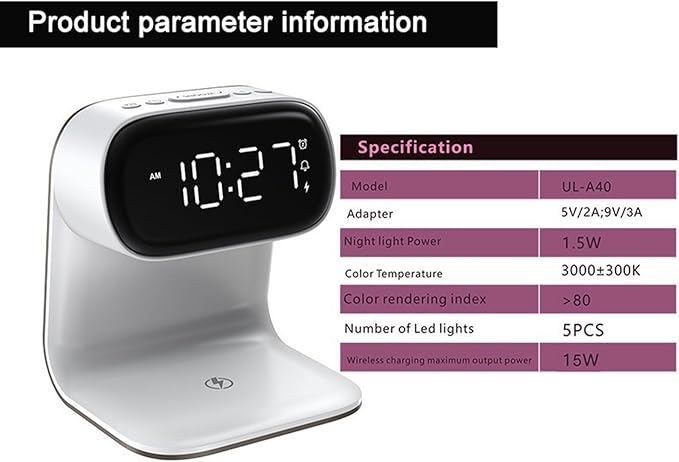 Wireless Charger Alarm Clock Featuring Wireless Charging Clock Alarm 3-Level Lighting 15W Fast Wireless Charging and Compatibility with All Qi-Enabled Devices A40 White.