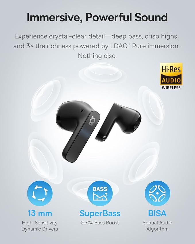Baseus BS1 NC Semi-in-Ear Noise Cancelling Earbuds with Adaptive Hybrid ANC No Ear Pressure Hi-Res Audio (LDAC) 40H Playtime 4g Ultra-Lightweight Fit 6-Mic AI Clear Call