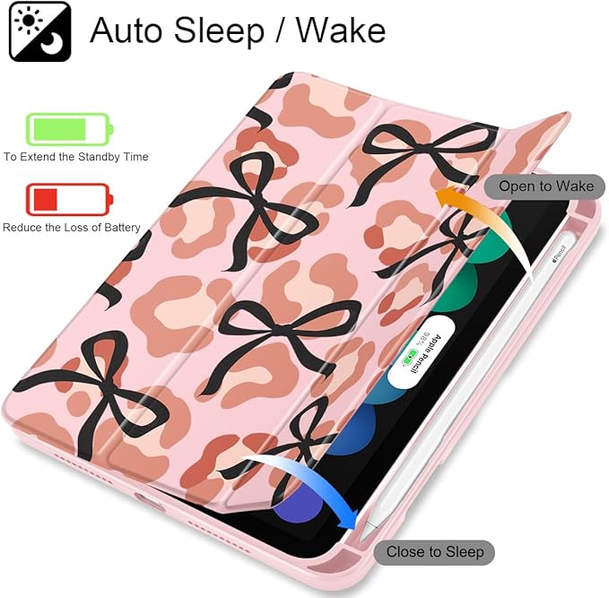 Mektron Printed Case for iPad mini 7 (A17 Pro) 2024/ Mini 6 2021 iPad mini 7th/6th Generation 8.3-inch Liquid Retina Display Cover Buit in Pencil Holder with Clear Back Shell Leopard Bows