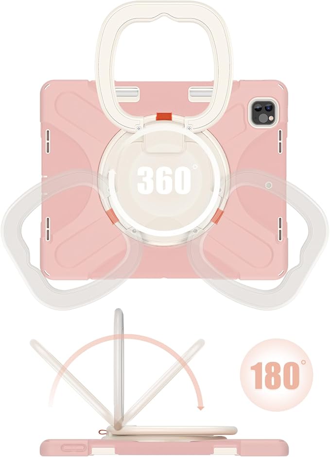 Batianda Case for iPad Air 13 inch 2025 M3 2024 M2 Chip Heavy Duty Rugged Durability Silicone Tablet Cover with 360° Rotating Ring Foldable Kickstand &amp Shoulder Strap Pink