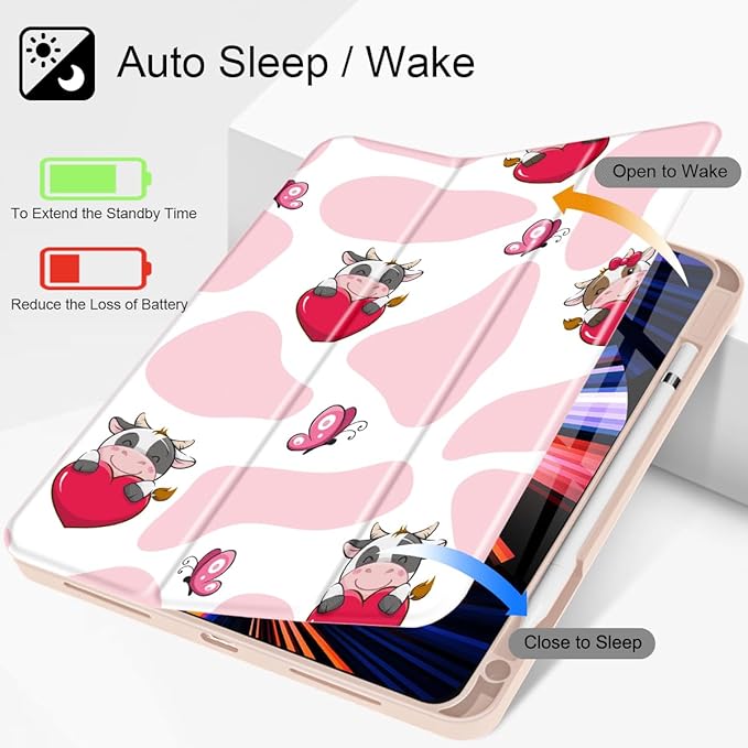 Mektron for iPad Pro M2 11-inch 4th/ 3rd/ 2nd/ 1st Gen Case 2022 2021 2020 2018 with Pencil Holder Tablet Cover with Soft TPU Back Cover for 11 inch iPad Pro Butterfly Cow