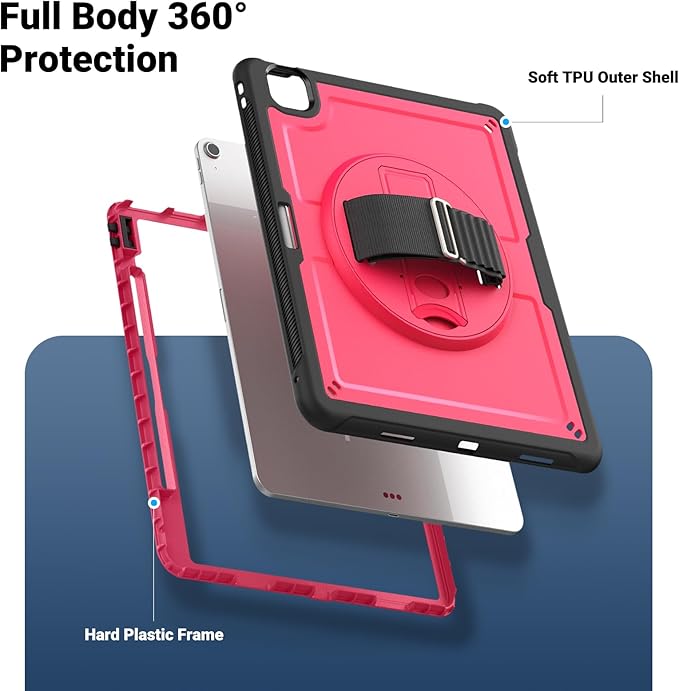 Batianda Case for iPad Air 13-inch 2025 M3 2024 M2 Chip Multilayered Rugged Durable Shockproof Tablet Cover with 360° Rotating Hand Strap Foldable Hidden Stand Pink