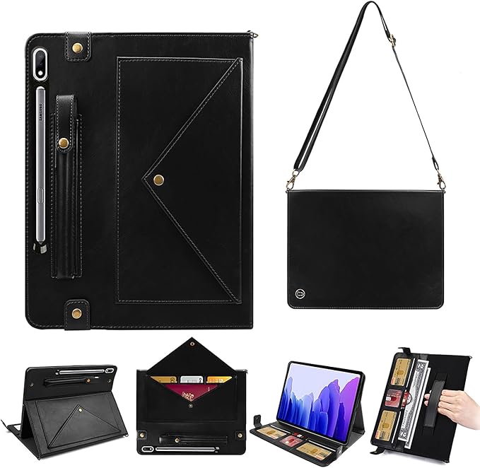 Tablet Carrying Shoulder Bag Case for Samsung Galaxy Tab S9 FE/S9/S8/S7 11 Retro PU Leather Hand Strap Crossbody Shoulder Strap Cards Holder Pocket S Pen Holder Stand Protective CaseBlack