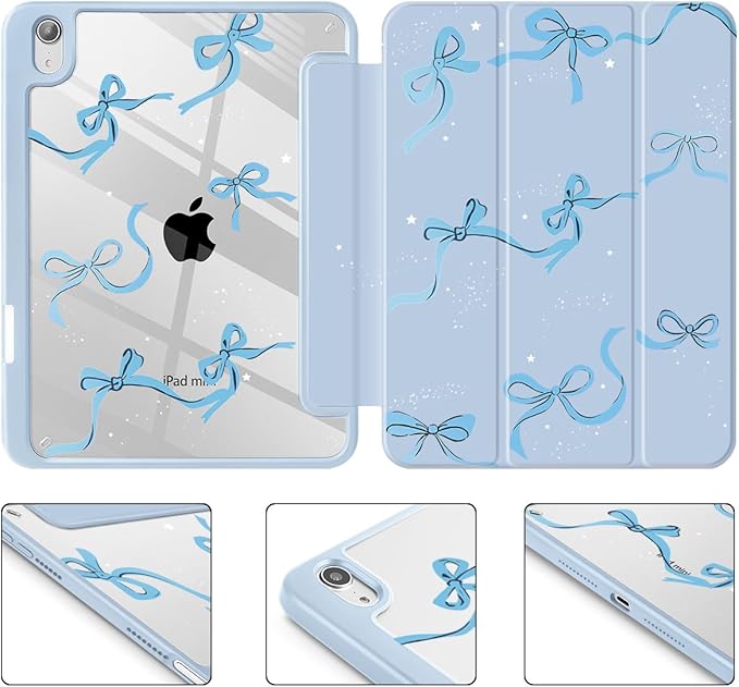 May Chen Slim Case for iPad mini 7 (A17 Pro 7th Generation) 2024 / iPad mini 6 (6th Gen) 8.3 Inch [Built-in Pencil Holder] Shockproof Cover Clear Clear Back Shell Auto Wake/Sleep Blue Stars Bow