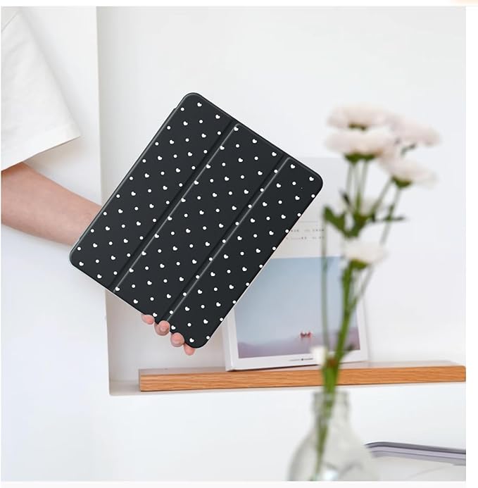 Cute Polka Dot Heart for iPad mini 7 A17 Pro 2024/iPad Mini 6 Case with Pencil Holder Auto Sleep/Wake Black Leather Clear Acrylic Back Cover