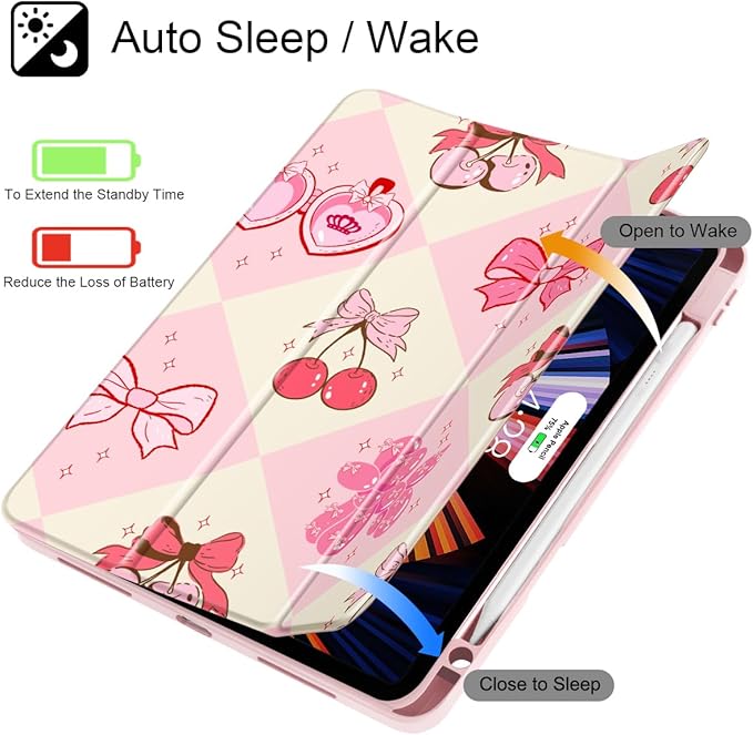 Mektron Case for iPad Pro 11 inch (4th 3rd 2nd &amp 1st Gen) 2022 2021 2020 2018 Buit in Pencil Holder with Shockproof Cover Clear Shell + Auto Wake/Sleep Cherry with Bows