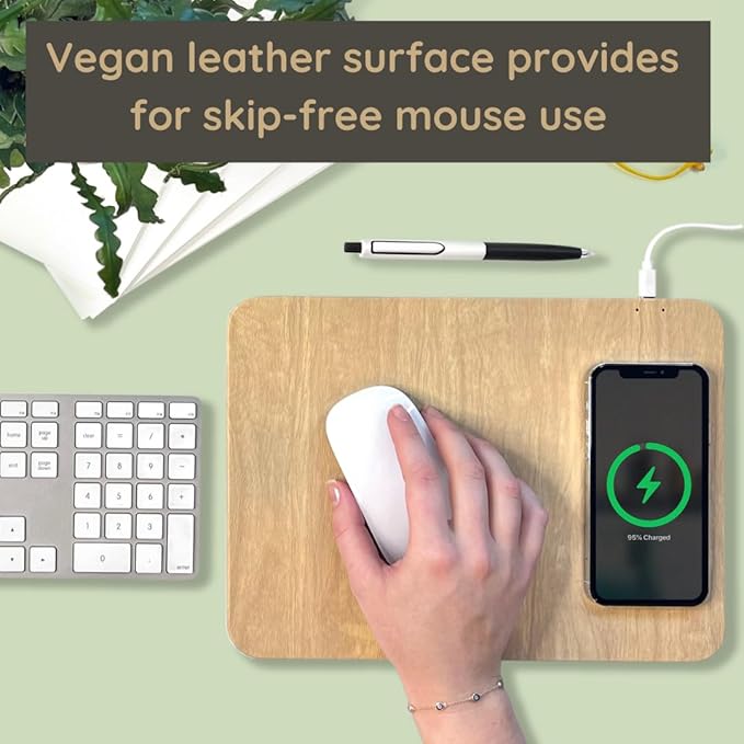 Tech Candy Power Pad Qi Charger Mouse Pad - Charges Wireless Phone Natural Wood Look Slim Built-in LED Light Slim Great for Travel USB Cable Included Vegan Leather Simple to Use