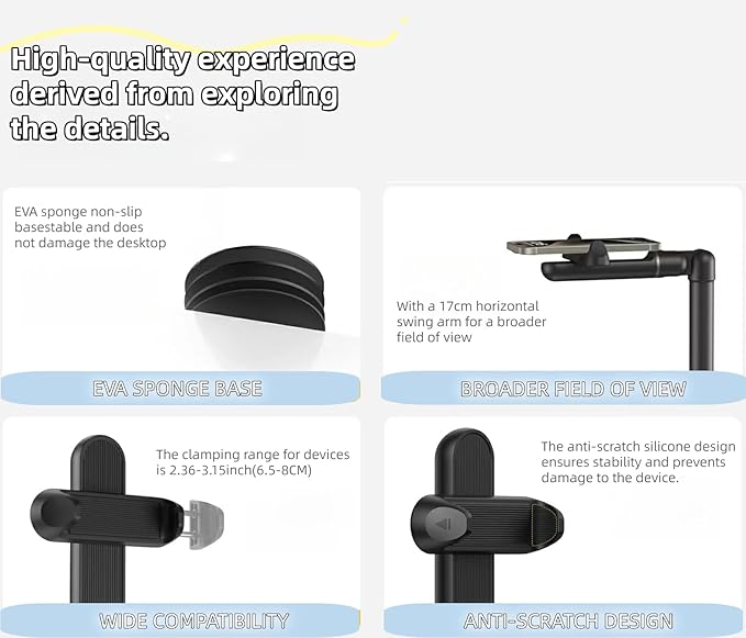 【25inch/63cm Aluminum Overhead Phone Mount360° Angle Adjustable Cellphone Stand Holder 4-6.9 Table Top YouTube Streaming Content Creator Video Recording. YE-S