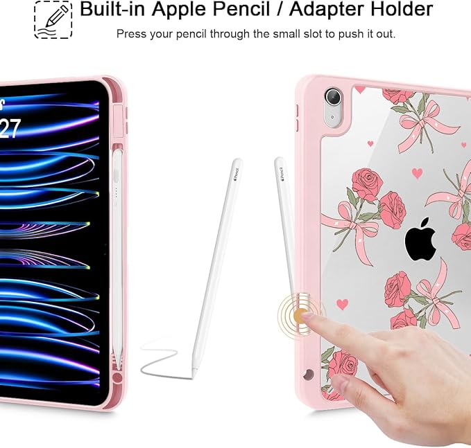 Case for iPad (A16) 11th Gen 11 Inch 2025 iPad 10th Gen 10.9 inch 2022 with Pencil Holder Slim Printed Stand Protective Cover with Hard PC Translucent Back Shell Cover Rose Bows