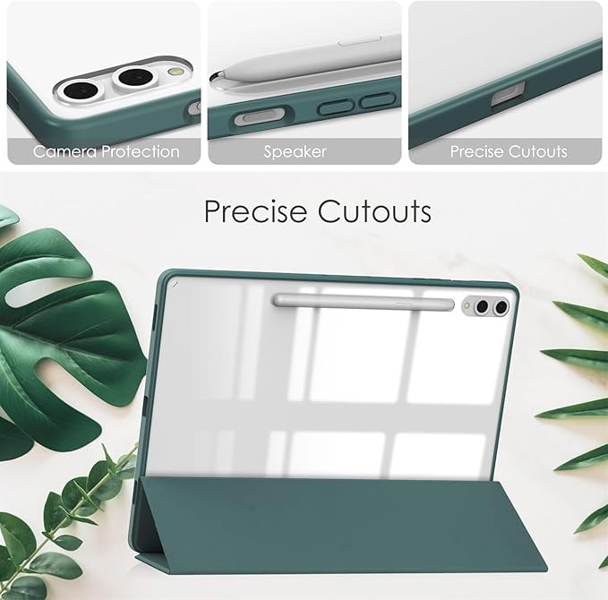 Stand Case for Samsung Galaxy Tab S8 Plus 2022/Tab S7 FE 5G 2021/Tab S7 Plus 2020 (12.4 Inch)UUcovers with Pencil Holder [Auto Sleep/Wake] Clear Transparent Back Shockproof Trifold Cover Dark Green