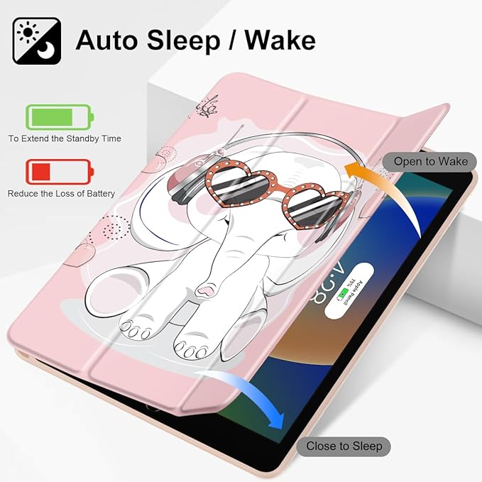 Tuiklol Case for iPad 10.2 Inch 2021 2020 2018 Release 9th / 8th / 7th Generation Built-in Pencil Holder TPU Protective Stand Back Cover Trifold Stand-Auto Wake/Sleep Lovely Elephant-Pink