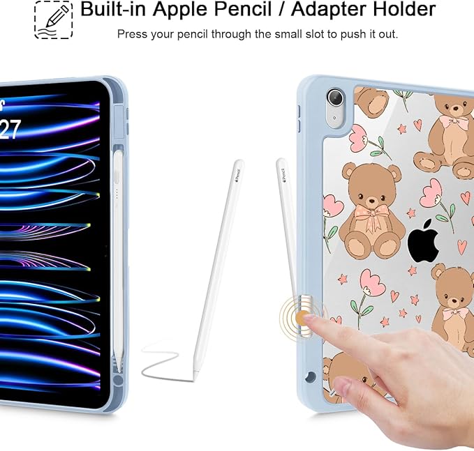 May Chen for iPad Air 11-inch M4/M3/M2 (2026/2025/2024) iPad Air 5th/4th 10.9 Inch - Shockproof Cover with Clear Back Shell &amp Penceil Holder Auto Wake/Sleep Stand Cover Cute Teddy Bear
