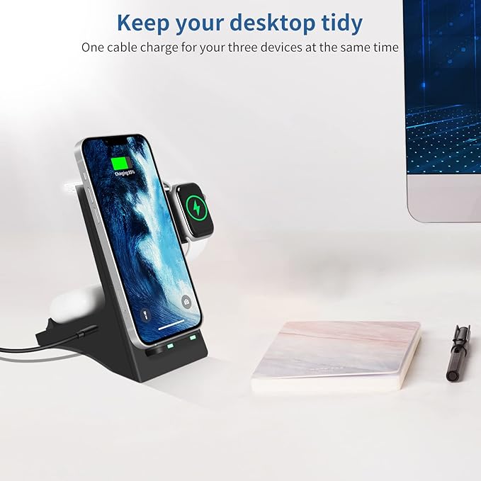 Wireless Charger 3 in 1 Wireless Fast Charging Stand Dock for Apple Watch 6/5/4/3/2 Airpods 2/Pro iPhone 13/13 Pro/13 Pro Max /12/11/Pro/Pro Max/X/Xr and Other Qi-Certified Phones-Black