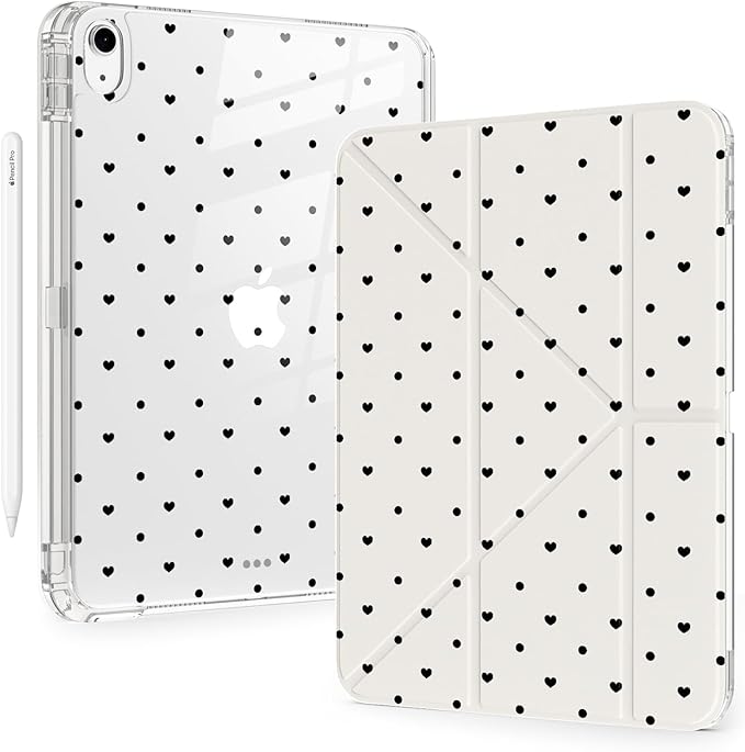 Cute Polka Dot Heart for iPad (A16) 11th/10th Generation Case 11 Inch/10.9 Inch 2025/2022 with Pencil Holder Auto Sleep/Wake White Leather Acrylic Back Detachable Cover