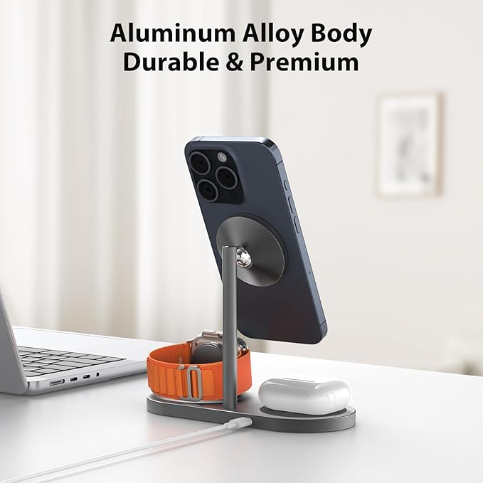 KU XIU Aluminum Alloy 3 in 1 Charging Station for Apple Magnetic Wireless Charger Stand for iPhone 16/15/14/13/12 Series 5W Fast Wireless Travel Charger for Apple Watch 9/8/7/SE Series Airpods