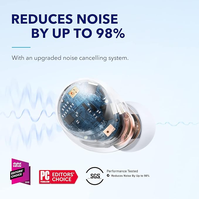 Soundcore by Anker Space A40 Auto-Adjustable Active Noise Cancelling Wireless Earbuds Reduce Noise by Up to 98% 50H Playtime Comfortable Fit App Customization Wireless Charge (White)