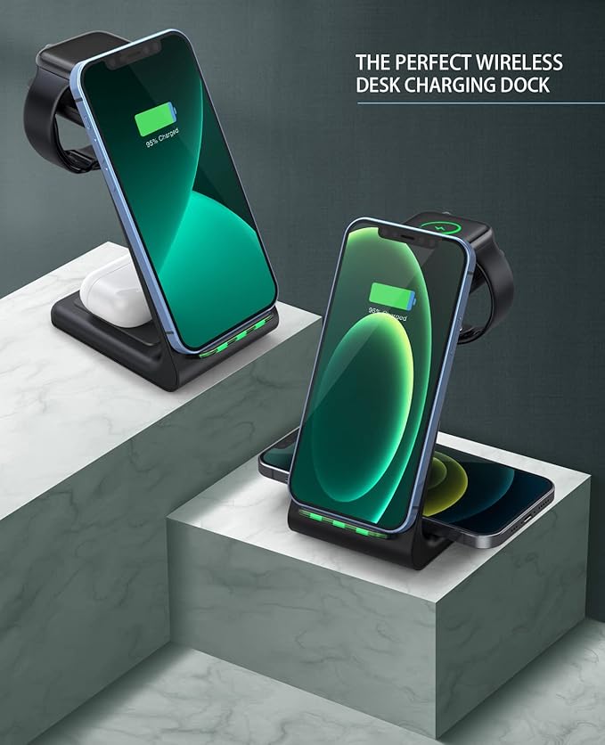 3 in 1 Wireless Charging Station 2026 Upgraded Fast Desk Charger Station for iPhone 17 16 15 14 13 12 Pro Max Plus Charger Stand for Apple Watch 10 9 8 7 6 5 4 3 2 SE Airpods 4 3 2 Pro(Black)