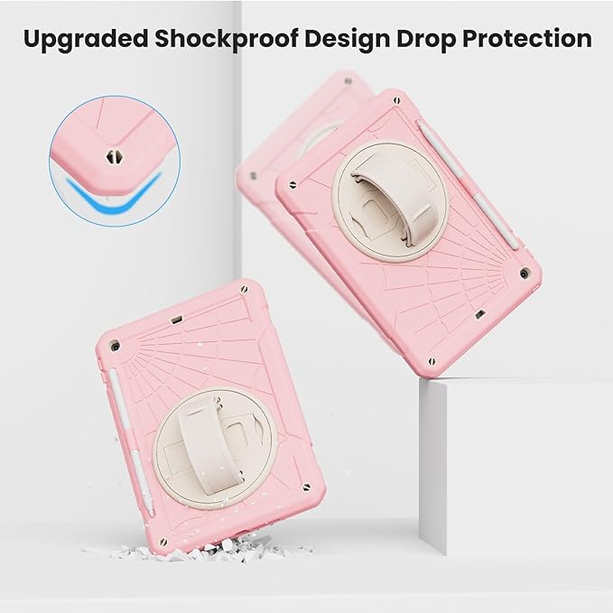 for iPad 9th Generation 2021/ iPad 8th Generation 2020/ iPad 7th Generation 2019 Case with Screen Protector Pencil Holder [360° Rotating Hand Strap] &amp Stand for iPad 10.2 inch (Pink)