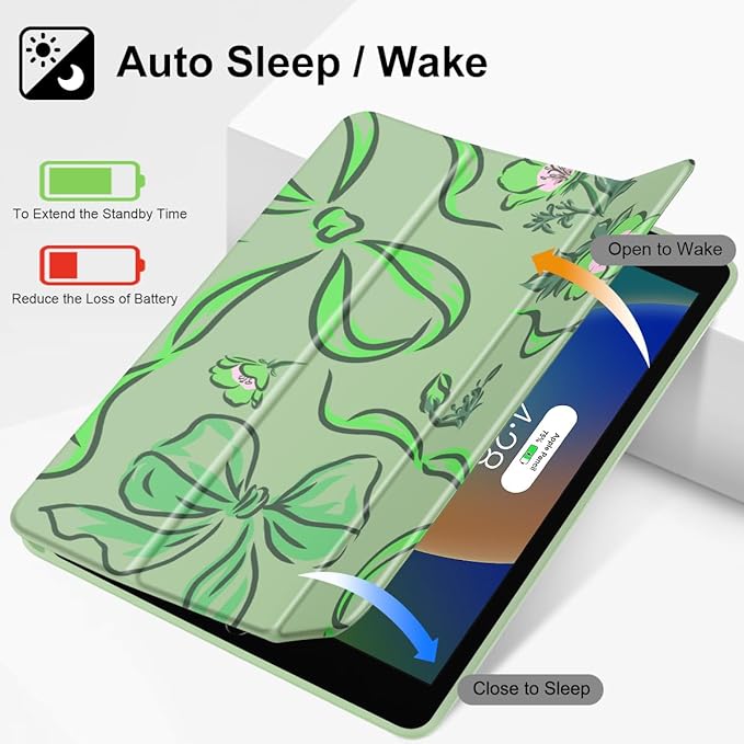 Mektron Designed Printed iPad 10.2 Case 9th Gen (2021)/ 8th Gen (2020)/ 7th Gen (2019) with Pencil Holder Slim Protective Case with Soft TPU Back for iPad 10.2 inch Flowers-Bows-Green