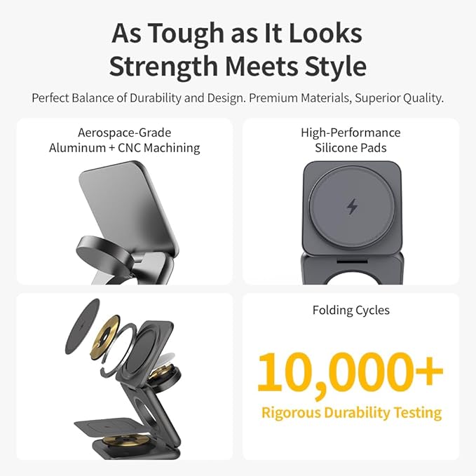 REDBEAN 3-in-1 Foldable Wireless Charging Station MagSafe Fast Charger Compatible with iPhone 16/15/14/13/12 Pro Max 5W for AirPods 2W for Apple Watch Series Silver
