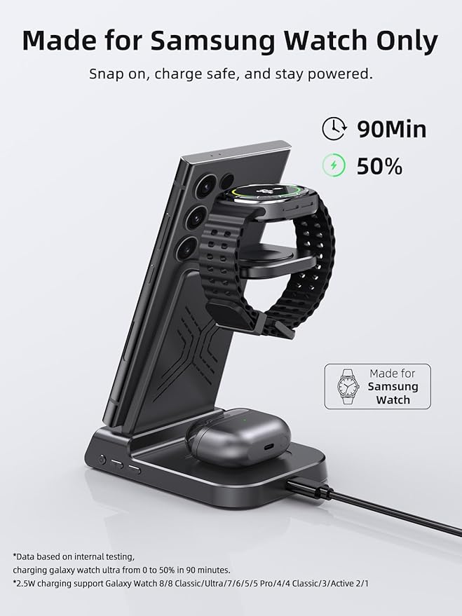 Wireless Charger Samsung Charging Station: 3 in 1 Android Charging Stand with Dimmable Clock - Nightstand Organizer for Galaxy S25 Ultra S24 Galaxy Watch 8 7 6 5 4 Galaxy Buds Space-Saving Charger