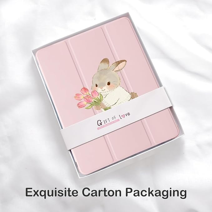 Cute Kawaii Bunny Flower for iPad 7th/8th/9th Generation Case with Pencil Holder Auto Sleep/Wake Pink Leather Soft TPU Back Cover for iPad 10.2 Inch 2019/2020/2021