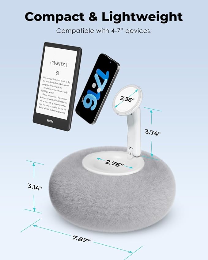 Viozon Phone Holder for Bed Magnetic Pillow Stand Compatible with 4-7 Phone/Kindle with Small Storage Removable Suction Base for Stability Idea for Kindle Reading and Video Watching On BedGrey