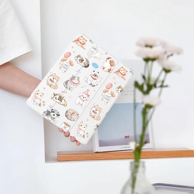 Cute Kawaii Puppy Kitten for iPad Pro 13 Inch Case (M5/M4) 2025/2024 with Pencil Holder Auto Sleep/Wake White Leather Soft TPU Back Cover