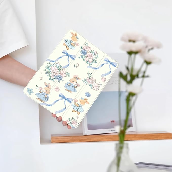 Cute Kawaii Bunny Flower Bow for iPad Air 11 Inch Case 7th/6th Generation (M3/M2) 2025/2024 with Pencil Holder Auto Sleep/Wake White Leather Soft TPU Back Cover