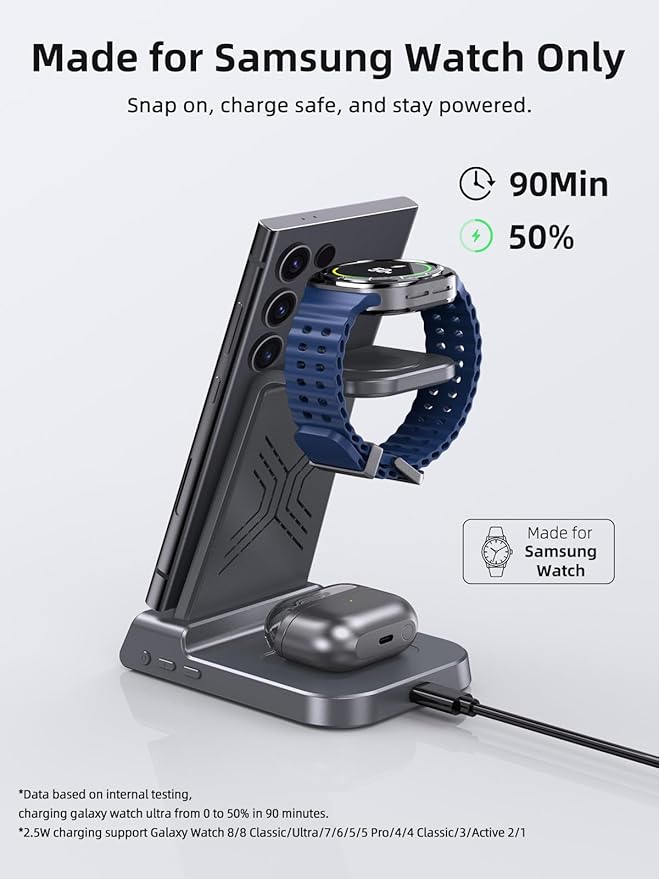 Wireless Charger Samsung Charging Station: 3 in 1 Android Charging Stand with Dimmable Clock - Nightstand Organizer for Galaxy S25 Ultra S24 Galaxy Watch 8 7 6 5 4 Galaxy Buds Space-Saving Charger